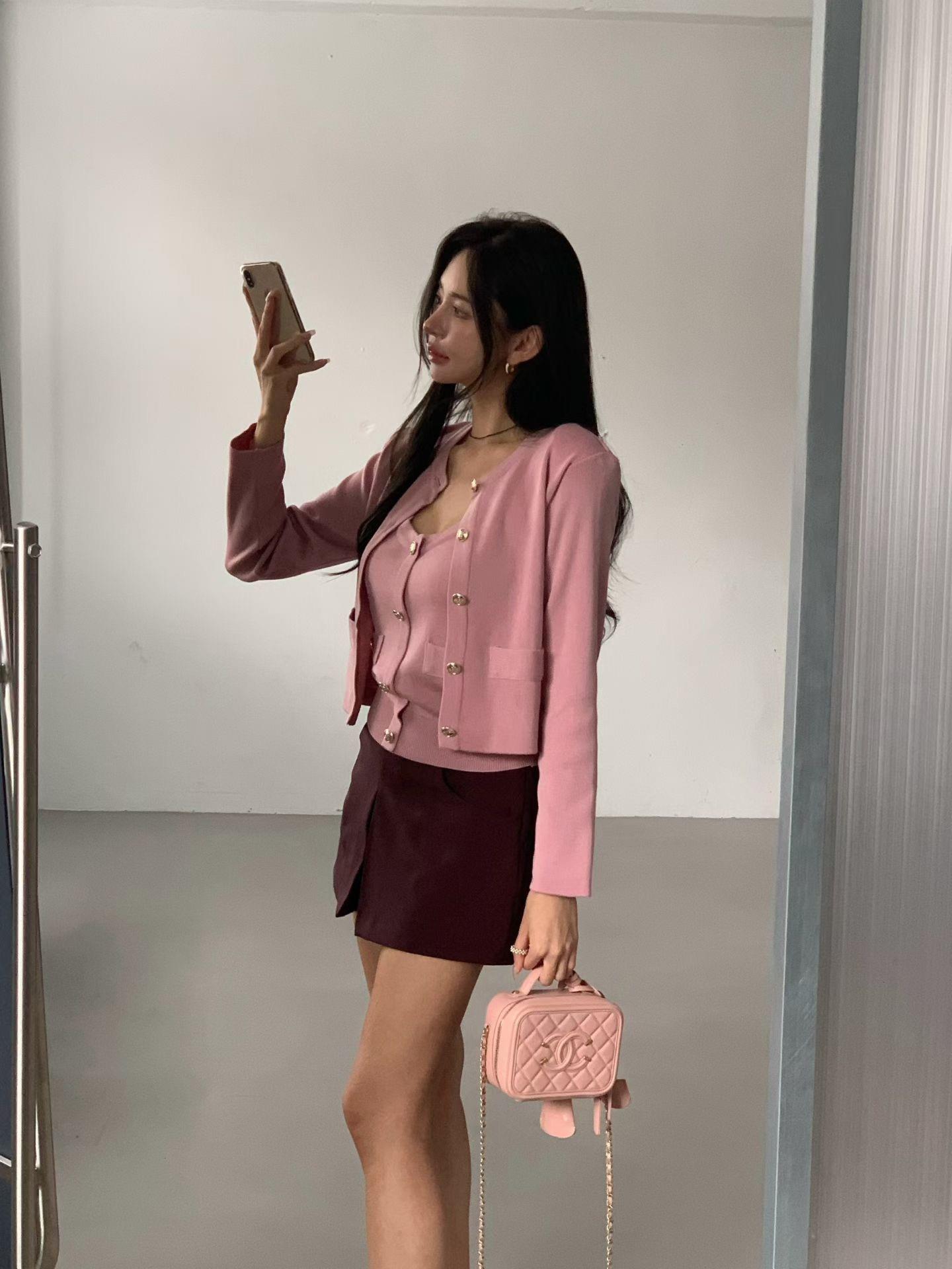 金扣莫蘭迪小香外套+背心兩件組